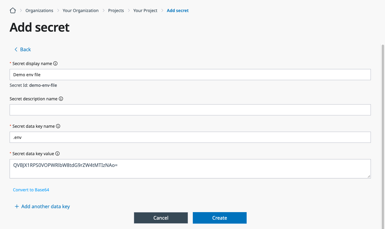 Enter .env as the data key name, and convert the NAME=value lines to base64.