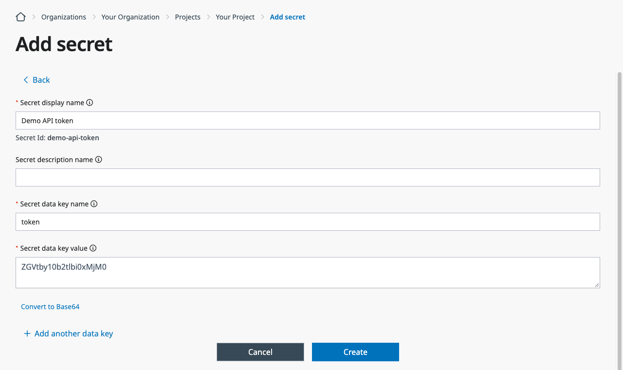 Fill in the Add Secret page and click Convert to Base64.