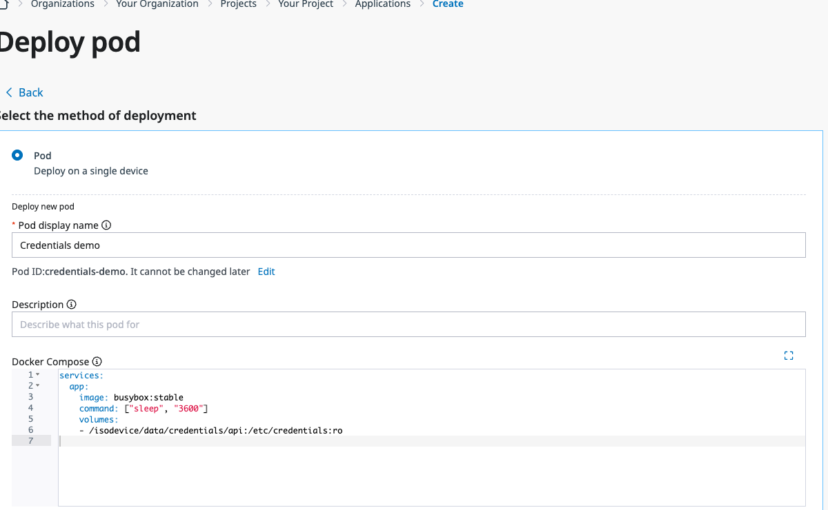 Paste the compose file and select the target device on the Deploy pod page.