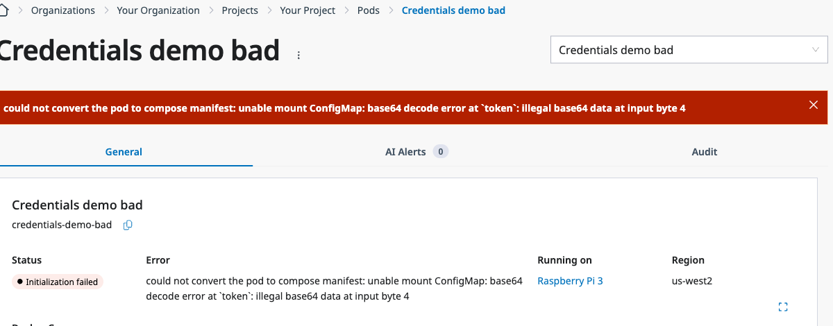 The application is in Initialization failed because the secret value is not valid base64.